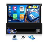 OiLiehu 4G+64G 8-Core Android 15 Single Din Car Stereo Wireless CarPlay Android Auto, 7'' Flip Out Touchscreen with WiFi GPS Mirror Link Bluetooth FM RDS AM DSP EQ SWC AUX USB Type-C Backup Camera