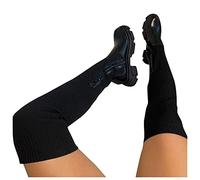 Oillian Platform Thigh High Boots For Women Ladies Fashion Stretch Over The Knee High Low Block Heel Riding Boots Warm Stretchy Knitted Winter Dress Tall Boots, Black, 42.5 EU Wide