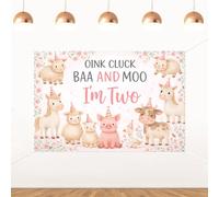 Oink Cluck Baa and Moo I'm Two Backdrop Farm Animals 2nd Birthday Decorations Pink Floral Pig Cow Sheep Chick Banner for Baby Girls Oink Baa Moo Im Two Bday Party Decors Supplies 5 * 3ft