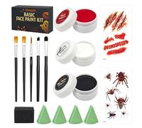 Oiomniv 15PCS Halloween Black White Red Face Body Paint Water Based Face Painting Kit with 5 Brushes 4 Sponge 2 Stickers, SFX Makeup for Adults Kids Cosplay Zombie Clown Skeleton Vampire