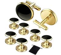Oiomniv Gold Tuxedo Studs and Cufflinks Set for Men, Premium Brass Formal Accessories with Velvet Pouch, French Cuff Dress Shirt Stud Set for Weddings, Black Tie Events, Grooms and Groomsmen