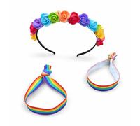 Oiomniv Rainbow Flower Headband with 2 Rainbow Wristbands - Pride Month Accessories Set for LGBTQ Parade, Pride Festival, Party, Gay Headpiece for Kids & Adults