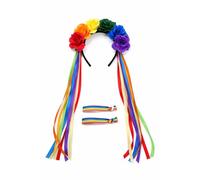 Oiomniv Rainbow Flower Headband with Ribbons & 2 Wristbands - Pride Month Accessories Set for LGBTQ Parade, Pride Festival, Rainbow Costume Party, Gay Headpiece for Women Men