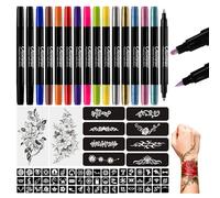 Oiomniv Temporary Tattoo Markers, 15PCS Body Markers Dual-End for Kids Adults, 62 Tattoo Stencils Temporary Tattoos Stickers, Glitter Matte Neon Tattoo Pens, Flexible Brush Tip, Skin Safe