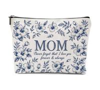 OIPYF Gifts for Mom Blue Chinoiserie Floral Love Message Makeup Bag | Love You Forever Mom Cosmetic Bag Blue White Chinese Style Floral Design Travel Toiletry Organizer Mothers Day Gift