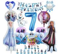 Oirigaga 46pcs Frozen Birthday Decoration Balloons Set for 7 Years Old Girls, Blue & White Heart Balloons with Happy Birthday Banner, Cake Toppers & Accessories
