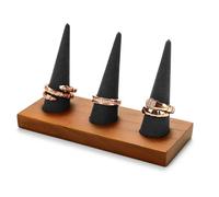 Oirlv Triple Black Ring Stand Wooden Display Unit with Soft Velvet Surface for Multiple Rings, 12.7x5x7cm