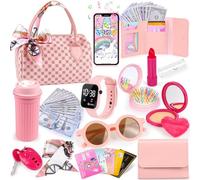 Oisacirg Play Purse for Little Girls, 32PCS Toddler Purse with Pretend Makeup for Kids, Princess Toys Includes Handbag, Phone, Wristwatch, Silk Scarf Kids Toy Purse Birthday Gift for Girls 3 4 5 6 +