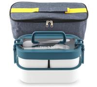 OITUGG 2 Layer Lunch Box with 450ml Bottle and Bags, 1300ml Bento Lunch Box for Adults, 3 Compartments Design, with Handle and Forks Spoons, BPA-Free, Microwave-Safe, Size 18x10x11cm, Blue + White