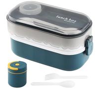 OITUGG 2 Layer Lunch Box with 450ml Bottle and Bags, 1400ml Bento Lunch Box for Adults, 3 Compartments Design, with Sauce Containers and Forks Spoons, BPA-Free, Microwave-Safe, Size 19x10x11cm, Blue