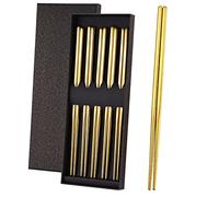OIULO Gold Stainless Steel Chopsticks - Reusable Chopsticks - 5 Pairs Dishwasher Safe Metal Chopsticks - Easy to Use - Pressure Line Lightweight Chop Sticks- Gift Set（9 Inch ）