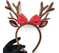 OIUUBBII Christmas Brown Reindeer Hair Headband with Glittering Antlers, Soft Deer Ears and Adorable Red Bow - Perfect Christmas Holiday Party Accessory for Women Costume Dress Up, Santa Theme Gift