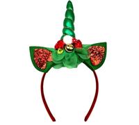 OIUUBBII Christmas Unicorn Headband for Women,Sparkly Glitter GREEN Horn Headpiece With Bell & Flower Design for Christmas Birthday Party, Festival, Rave, Cosplay