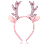 OIUUBBII Deer Antler Headband for Women, Glitter Pink Reindeer Headband with Fawn Horns, Cute Christmas Cosplay Hairband Party Headwear, Festival Costume Accessory