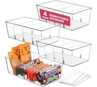Oizeir Clear Pantry Organizer Bins 4-Pack - Fridge Organizer with 3 Removable Dividers - Kitchen Pantry Organizers & Storage - Storage Cabinet Snack