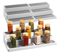 Oizeir Plastic 3-Tier Expandable Spice Rack, Adjustable Length, Stability with Non-Skid Shelf, For Easy Visibility, Organizer for Kitchen Cabinet, Pantry or Countertop, (2-Pack), White/Grey