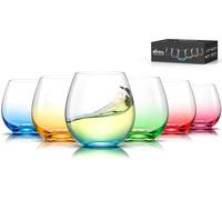 OJA Stemless Wine Classes Set of 6, Colored Crystal Wine Glasses - 15 oz, Short Glass Set for Red and White, No Stem Margarita Cocktail, Clear