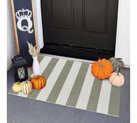 OJIA Fall Front Door Mat 24"x36" Halloween Doormat Striped Porch Rugs Checkered Rug Washable Entry Rug Woven Cotton Indoor Outdoor Rug Small Area Rug for Kitchen Entryway Patio (Green/White/Tan)
