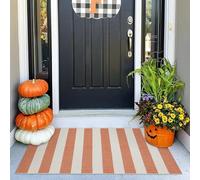 OJIA Fall Front Door Rug 24"x51" Halloween Doormat Striped Rug Cotton Woven Checkered Carpet Washable Front Door Mat Outdoor Small Area Rug for Porch Kitchen Entryway Patio Bathroom (Orange/White/Tan)