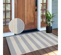 OJIA Outdoor Porch Rug Front Door Mat 24'x51, Washable Checkered Entry Striped Front Door Rug Cotton Woven Kitchen Carpet Small Area Rug for Entryway Patio Bedroom Bathroom (Blue/White/Tan)