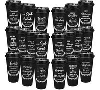 OJMHD 20 Pcs Christian Plastic Coffee Cups with Lids, 470 ml Reusable Employee Appreciation Tumbler Bulk, Black Bible Verse Religious Coffee Mugs for Women Men Staff Party Church Christmas Gifts