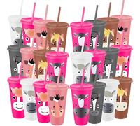 OJMHD 24 Pcs Plastic Cups with Lids and Straws for Kids, 710 ml Pony Race Party Horse Favors Tumblers Bulk, Reusable Cute Drinking Mugs for Birthday Animal Themed Party Gift Christmas Thanksgiving