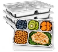OJMHD 4 Pack Stainless Steel Divided Plates with Lids, 5 Compartments Metal Lunch Snack Containers for Kids, Reusable Bento Boxes Meal Prep Storage Tray for Adults School Home Travel Office Camping