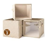 OK ZOO 3-Pack Clear Front Storage Bins - Foldable Cube Organisers with PVC Window & Polyester Linen, Handles for Closet Shelves Nursery Toy Storage - 20×30×20 cm (8×12×8 Inch), Brown