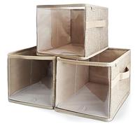 OK ZOO Shelf Storage Baskets 3-Pack Clear Front Storage Bins Foldable Cube Organizers with Thick PVC & Oxford Fabric Open-Top Design for Closet Clothes Shelves and Household Storage-8x12x8 (Brown)