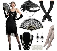 Okabay 1920s Flapper Costume Set for Women 1920s Flapper Dress Black Sequin One Shoulder Dress with Accessories,Great Gatsby Outfit for Halloween,Vintage Party Roaring Twenties Theme