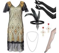 Okabay 1920s Flapper Dress & Accessories Set for Women, Great Gatsby Fringed Sequin Costume with Gloves/Socks/Headband/Jewellery for Roaring 20s Party (Gold, L)