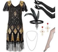 Okabay 1920s Flapper Dress & Accessories Set for Women, Great Gatsby Fringed Sequin Costume with Gloves/Socks/Headband/Jewellery for Roaring 20s Party (Blackgold, XXL)