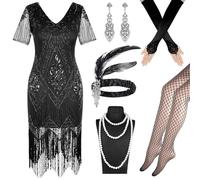 Okabay 1920s Flapper Dress & Accessories Set for Women, Great Gatsby Fringed Sequin Costume with Gloves/Socks/Headband/Jewellery for Roaring 20s Party (Classic Black, M)