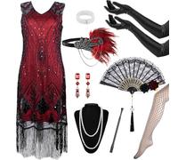 Okabay 1920s Flapper Great Gatsby Cocktail Dress Set With Sequin Fringe - Roaring 20's Theme With Headband, Gloves, Necklace Accessories for Women Ladies