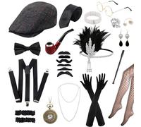 Okabay 1920s Women Men Costume Accessories Set,20pcs Roaring Retro Gangster Costume with Hat, Bow Tie, Pocket Watch, Suspender, Glasses, Beard,Headband Earrings Pearl Necklace Gloves Handheld Props