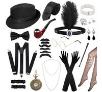 Okabay 1920s Women Men Costume Accessories Set,20pcs Roaring Retro Gangster Costume with Hat, Bow Tie, Pocket Watch, Suspender, Glasses, Beard,Headband Earrings Pearl Necklace Gloves Handheld Props