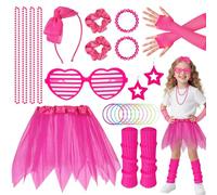 Okabay 1980s Costume Accessories Set for Girls 80s Fancy Dress Neon Outfits with Tutu Skirt Fishnet Gloves Leg Warmers Bow Headband Hairbands Earrings Necklace Bracelets Glasses for Kids