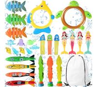 Okabay 28pcs Diving Pool Toys, Underwater Adventure Diving Pool Toys Set Mermaid Dolls, Torpedo Fish, Seaweed, Rings Swimming Pool Games for Kids Underwater Toys for Kids