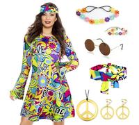 Okabay 70s Fancy Dress Women，60s 70s Fancy Dress Women 1960s 1970s Hippie Hippy Fancy Dress Up Costume for Women 70s Outfits 70 Style Ladies Fancy Dress Adult Halloween Costumes (02, XXL)