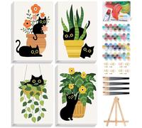 OkarinaArt 4 Pack Paint by Numbers for Adults with Frame, Black Cat DIY Painting by Number Kits with Wooden Easel, Green Plant Framed Adult Paint by Numbers Canvas Kits for Home Decor, 8 x 12 Inch