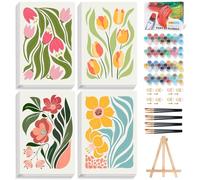 OkarinaArt 4 Pack Paint by Numbers for Adults with Frame, Easy Flower DIY Painting by Number Kits with Wooden Easel, Floral Framed Adult Paint by Numbers Canvas Kits for Home Decor, 8 x 12 Inch