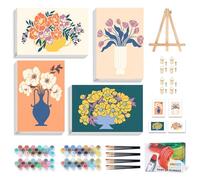 OkarinaArt 4 Pieces Paint by Numbers Adults with Frame Flowers, Paint by Numbers DIY Acrylic Paints Painting Set with Brushes, Floral Vase Oil Painting on Canvas for DIY, 20 x 30 cm