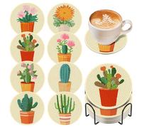 OkarinaArt 8 Pcs Plant Diamond Art Coasters Set with Holder, 5D DIY Cactus Diamond Painting Coasters Kits for Adults, Non Slip Coaster Gem Art Crafts Supplies