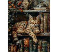 OkarinaArt Paint by Numbers for Adults Cat - Bookshelf Adult Paint by Numbers Kits for Beginner, Book DIY Acrylic Oil Adult Painting by Number Canvas Kits, Perfect for Home Wall Decor 16X20 Inch