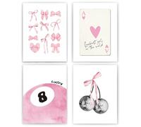 okaxscm Pink Coquette Trendy Preppy Wall Art Prints Set of 4, Coquette Room Decor, Preppy Room Decor Aesthetic, Pink Bow Disco 8 Ball Cherry Wall Decor Posters for Girls Bedroom Dorm, 12x16 Unframed