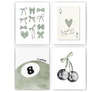 okaxscm Sage Green Coquette Trendy Preppy Wall Art Prints Set of 4, Coquette Preppy Room Decor Aesthetic, Green Bow Disco 8 Ball Cherry Wall Decor Posters for Girls Bedroom Dorm, 8x10 Unframed