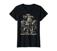 Okay Im Here Where is The Dragon Sarcastic Cat Coffee Value Graphic T-Shirt, Women, Black, M