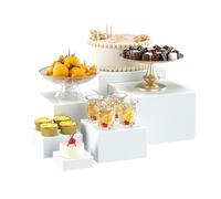 OKBHTS 6 Pcs White Display Stands for Food and Cake, Buffet Risers, Acrylic Display Boxes, Tiered Plinth Stands.(Standard Size, White)