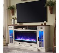 OKD Fireplace TV Stand for 80 Inch TV, Farmhouse Entertainment Center with 42" Fireplace & LED Lights, Modern Media Console Table with Storage Drawers & Cabinets for Living Room, Antique White
