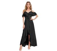 okdais Cold Shoulder Bridesmaid Dresses for Women 2024 Chiffon Ruffle A-Line Hi-Lo Formal Evening Gowns V-Neck Open Back, Black, 10